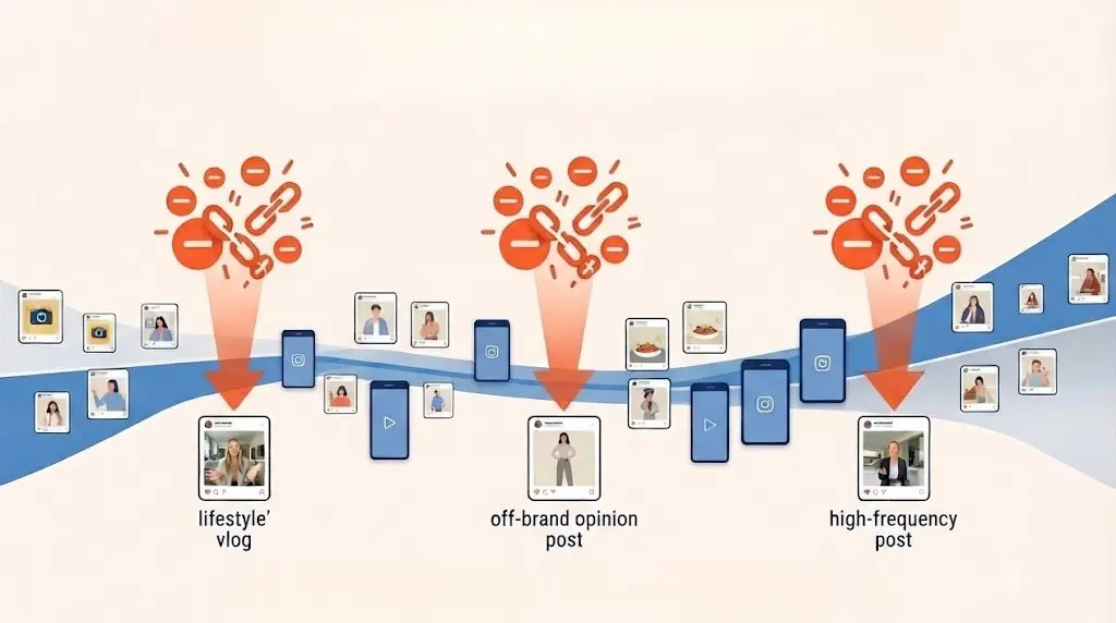 A flat vector illustration showing an Instagram content timeline, with arrows pointing from specific post types—like lifestyle vlogs and off-brand opinions—to clusters of unfollow icons, illustrating how to correlate content timestamps with lost followers.