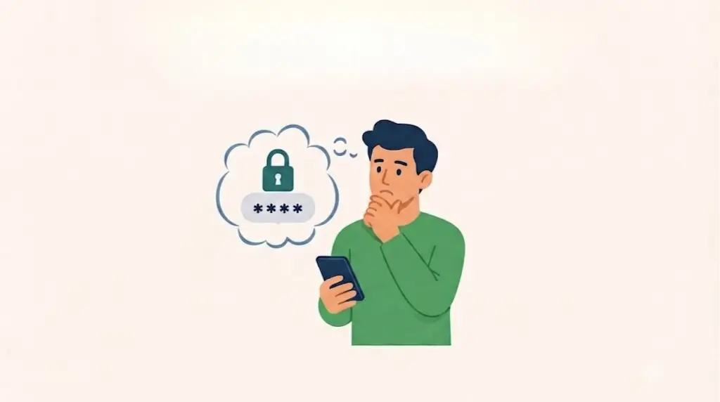 Beyond the JSON: A man in a green shirt looking concerned at his smartphone while thinking about password security, illustrating device metadata risks on Meta platforms.