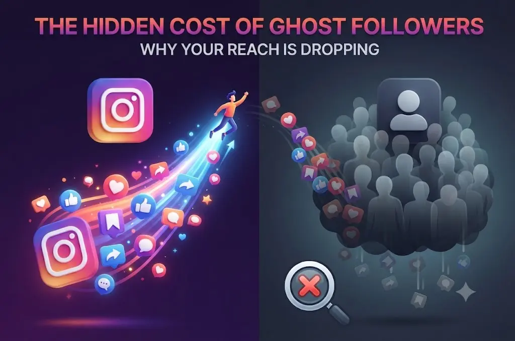 Instagram infographic visualizing "The Hidden Cost of Ghost Followers" and "Why Your Reach Is Dropping," showing a split view with an active, engaged account on the left and a dormant crowd of inactive ghost accounts acting as an anchor and blocking engagement on the right, with a magnifying glass symbolizing an audience audit.