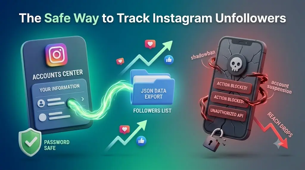 A diagram illustrating the safe way to track Instagram unfollowers. On the left, it shows a safe path using the Accounts Center to export a JSON data file for checking unfollowers, which leads to account safety and growth. On the right, it shows an unsafe path where using third-party apps and inputting passwords can cause action blocks, shadowbans, account suspension, and a drop in reach.