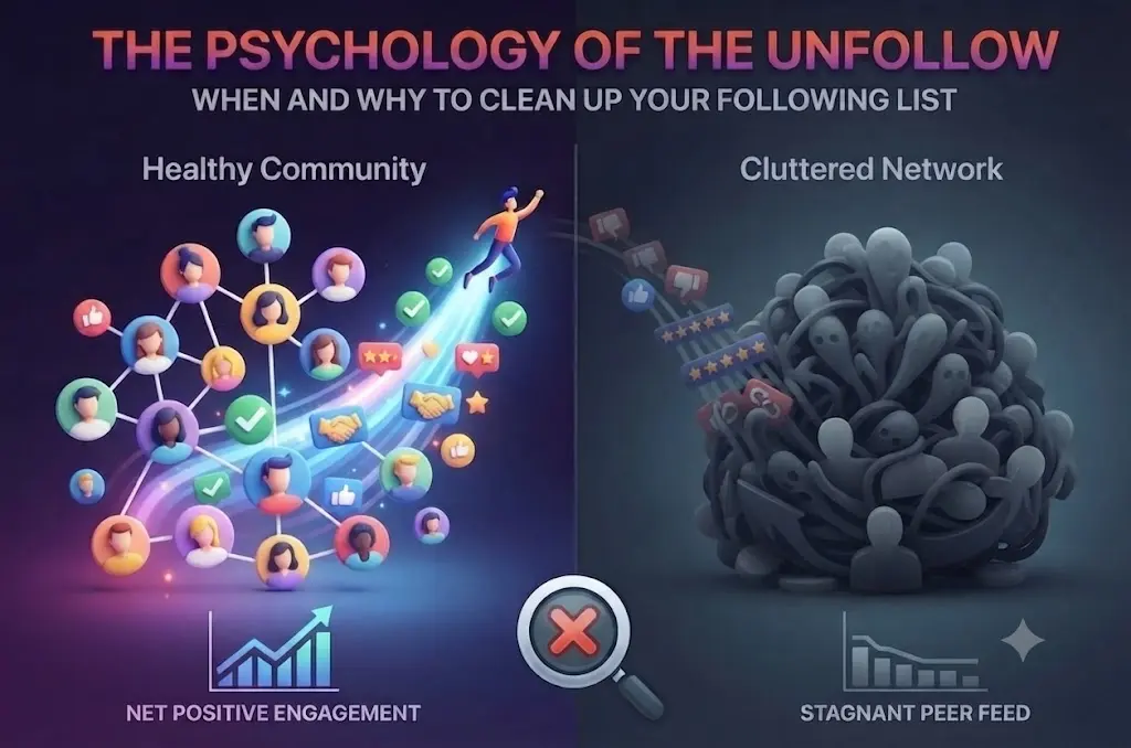 A diagram contrasting a healthy community with a cluttered network for Instagram creators. On the left, a vibrant, connected web of active profiles representing net positive engagement and growth. On the right, a tangled mass of grey, ghost-like profiles representing a stagnant peer feed and a bloated following list.