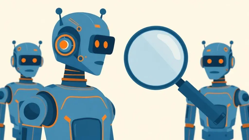 Illustration of blue and orange robots being examined by a magnifying glass.