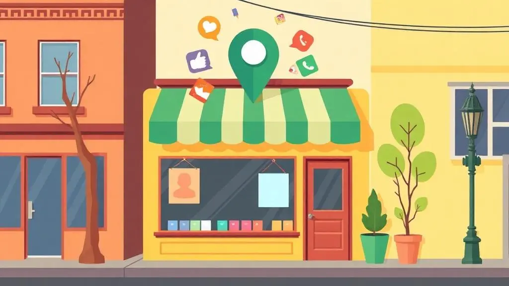 Illustration of a local storefront with social media icons and a map pin representing Instagram marketing for neighborhood businesses