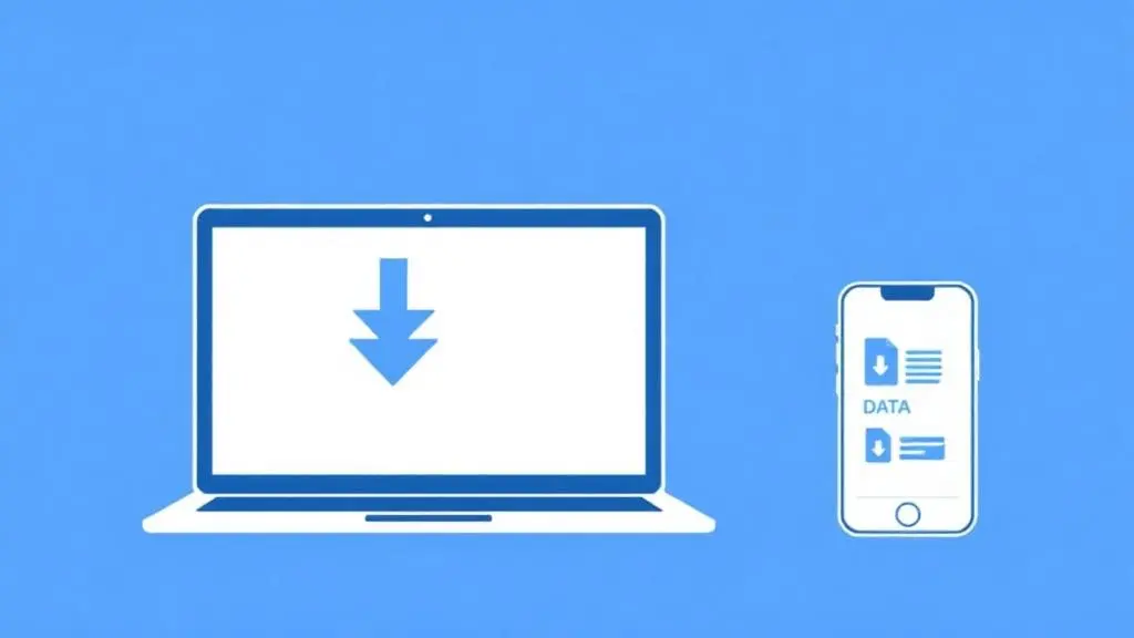 Illustration of a laptop and a smartphone displaying data export and download icons for exporting Instagram account files.