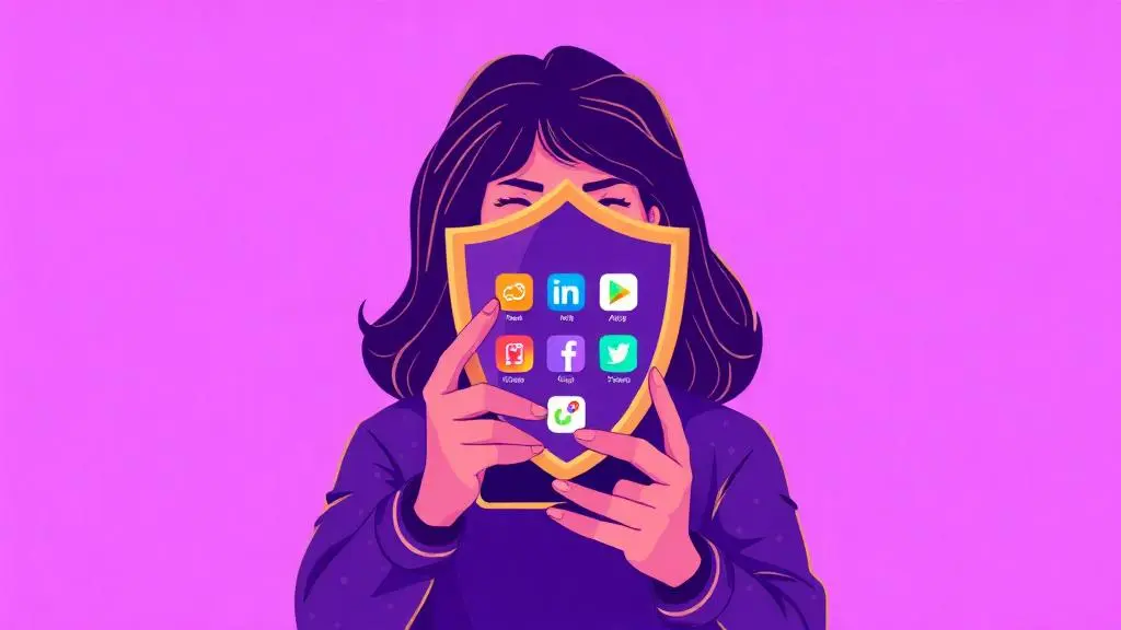 Illustration of an influencer holding a security shield to protect social media accounts from unsafe third-party apps and credential theft.