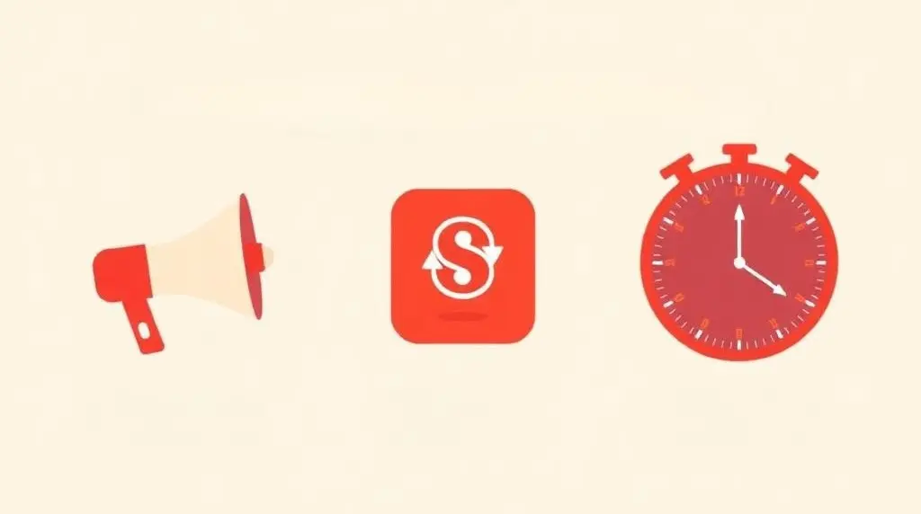 Illustration featuring a megaphone, an app icon, and a stopwatch representing mistakes that cause people to unfollow you on Instagram.