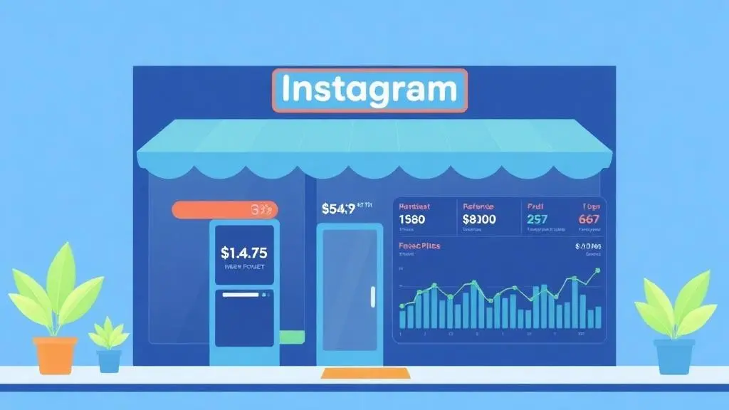 Illustration of an Instagram business storefront graphic integrated with analytics charts and metrics dashboards tracking follower data and revenue.