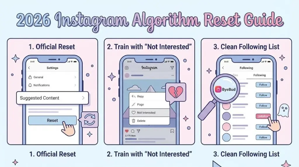 Infographic showing the 3 steps to reset the Instagram algorithm in 2026: using the official 'Reset Suggested Content' button, training the feed with 'Not Interested', and cleaning up non-followers with ByeBud.