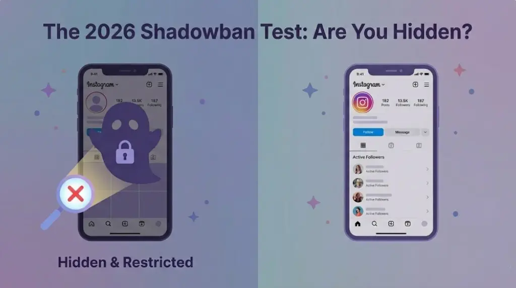 Visual comparison showing the symptoms of an Instagram shadowban (ghost and lock icon representing restricted reach) versus a safe, visible account managed by ByeBud.