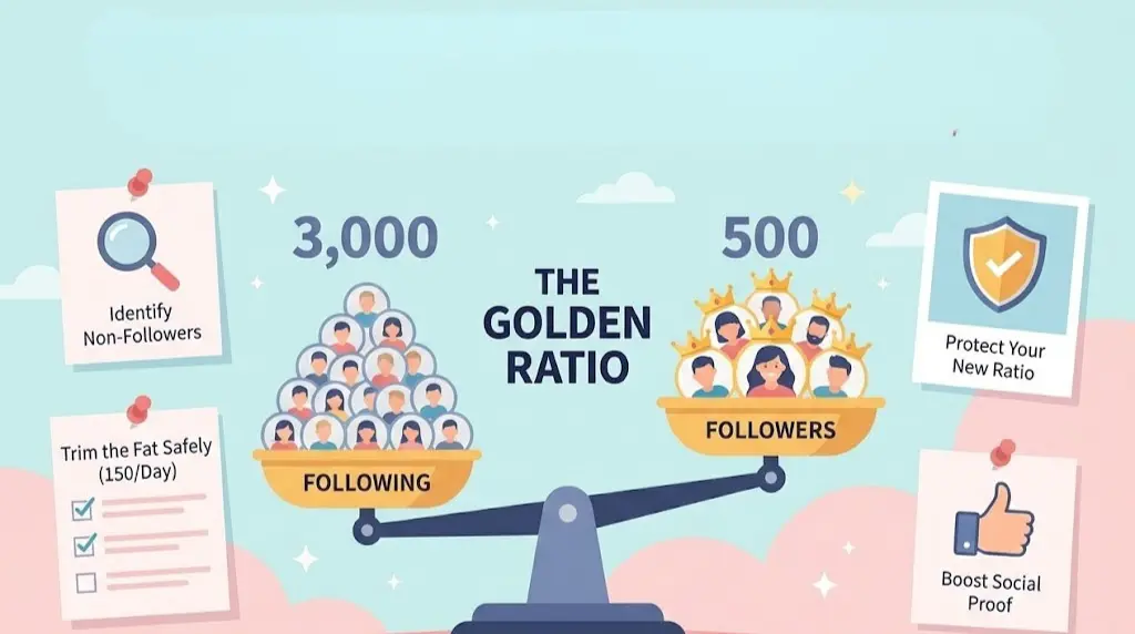 Infographic illustrating the Instagram Golden Ratio, featuring a scale weighed down by an upside-down ratio of 3,000 following versus 500 followers. Surrounding sticky notes provide tips to identify non-followers, safely trim the list at 150 per day, and boost social proof.