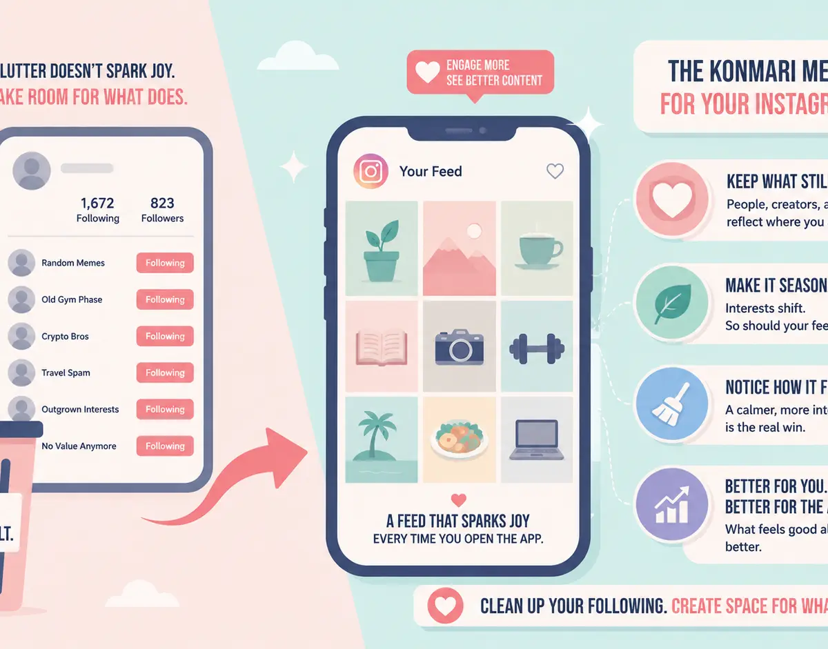 Instagram feed decluttering infographic inspired by the KonMari method, showing how unfollowing irrelevant accounts can create a calmer, more intentional feed while improving engagement and Instagram algorithm signals.