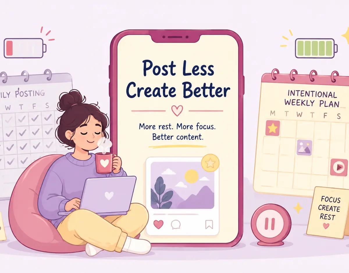 **SEO Image Alt Text** Pastel illustration about creator burnout and sustainable content creation, showing a relaxed content creator beside a phone reading “Post Less, Create Better,” contrasting exhausting daily posting with an intentional weekly plan, rest, focus, and higher-quality social media content.