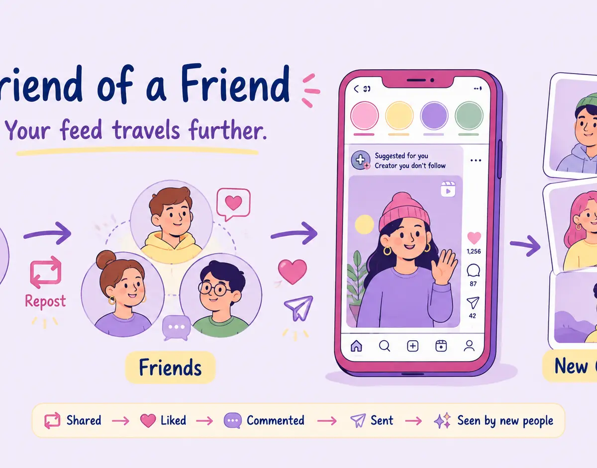 **SEO Image Alt Text** Pastel Instagram marketing illustration showing the friend-of-a-friend algorithm, with content spreading from you to your friends and then to new creators through reposts, likes, comments, shares, and suggested posts.