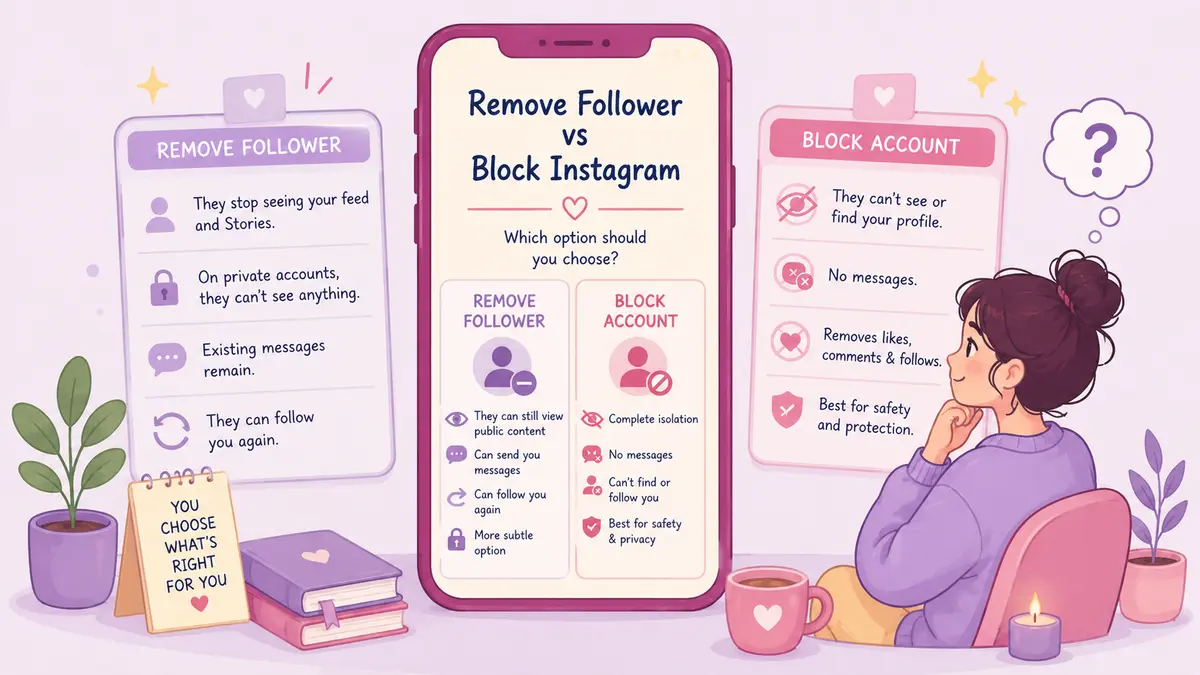 Pastel illustration comparing Instagram Remove Follower vs Block Account options, showing privacy, messaging, visibility, and safety differences.