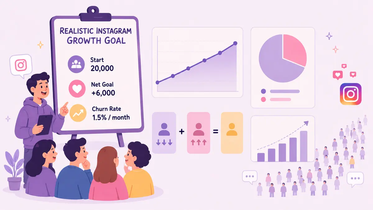 Realistic Instagram growth goal infographic showing follower growth, churn rate, audience data, and sustainable Instagram growth planning.
