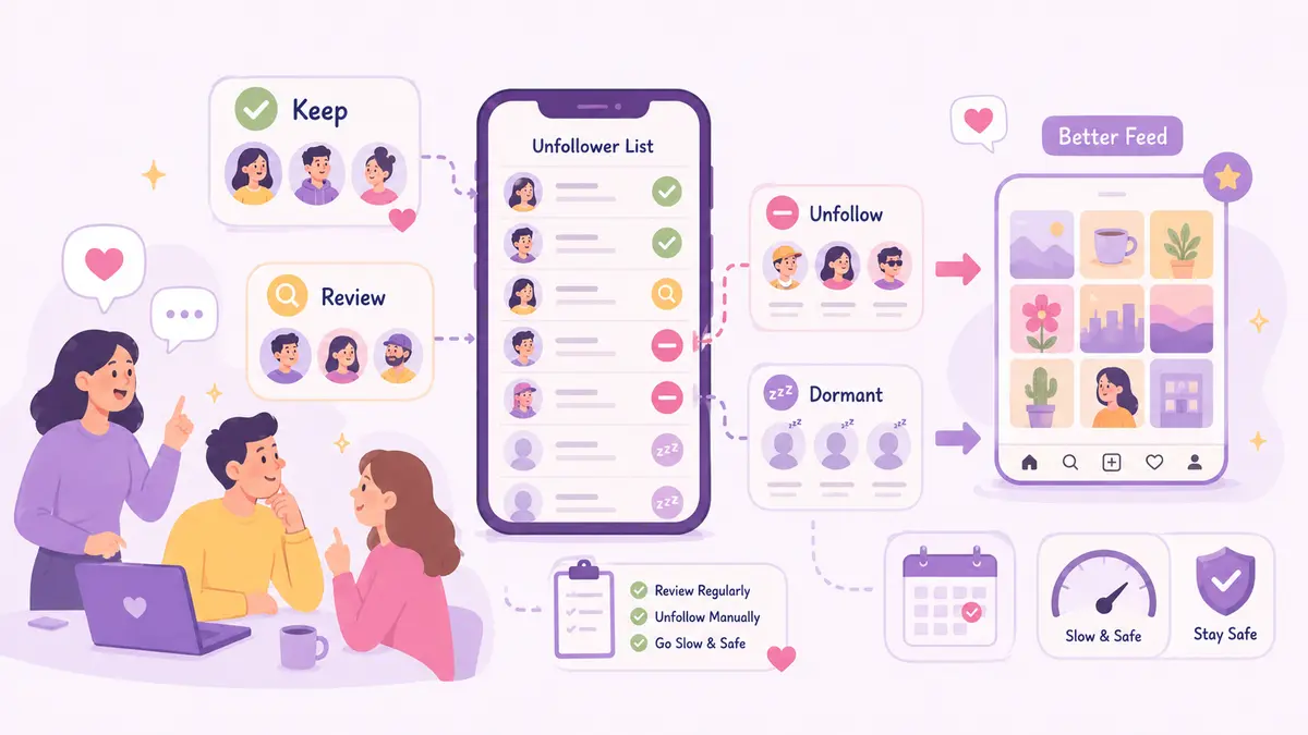 Instagram unfollower list action framework showing how to review, keep, unfollow, and identify dormant accounts for a cleaner, safer, and more relevant Instagram feed.
