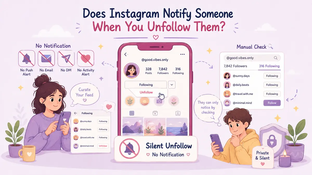 Instagram unfollow notification infographic showing that unfollowing someone does not send a push alert, email, direct message, or activity notification, though users can discover it through manual checks.