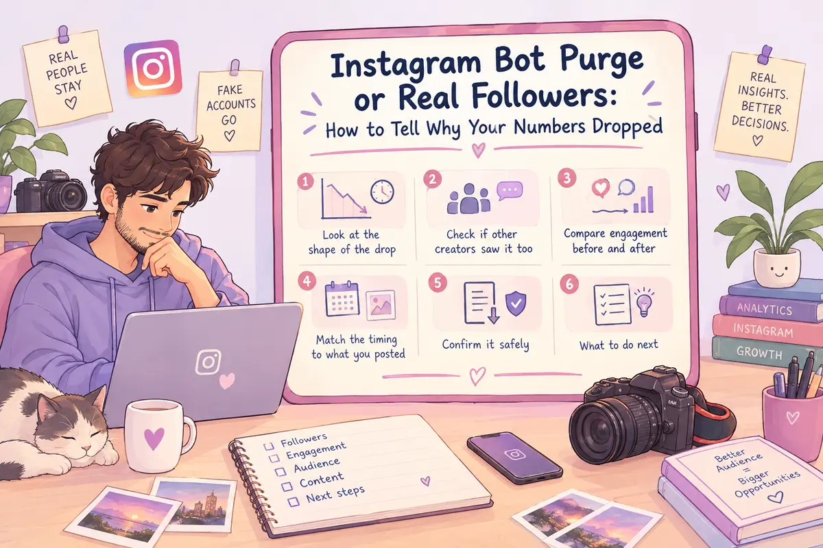 Illustration of a cozy Instagram analytics scene showing a creator comparing a sudden follower drop, with charts for bot purges, real unfollows, engagement, and follower growth in a pastel pink and purple palette.
