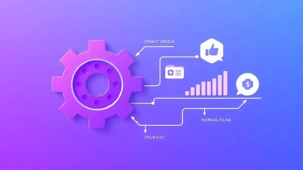 Algorithm gears and flowchart with social media engagement metrics