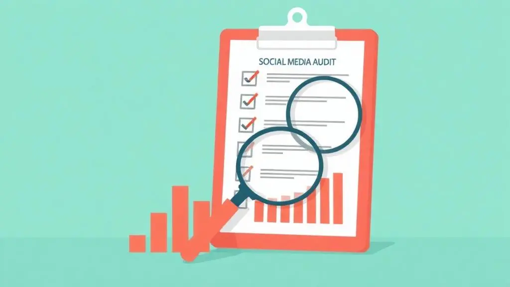 Social media audit checklist with magnifying glass and engagement charts